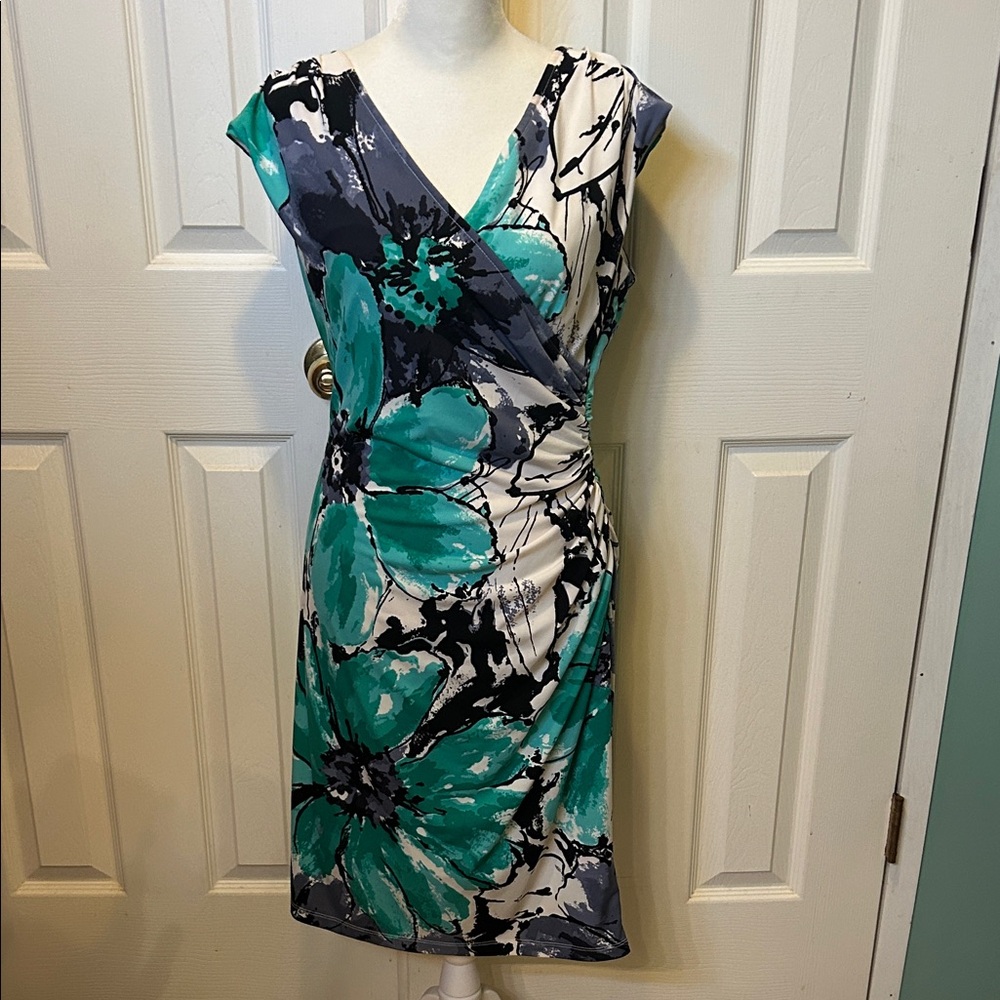 Source Unknown Asymmetrical Dress in Teal and Black Floral